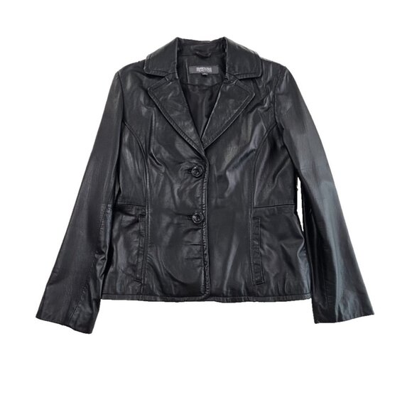 Kenneth Cole Reaction Genuine Leather Jacket Women's M Black EUC 2 Button Lined - Picture 1 of 16